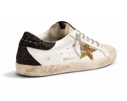 Golden Goose Super-Star In Nappa Leather With Gold Glitter Star And Black Glitter Heel tab