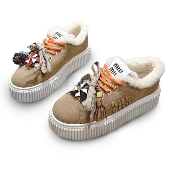 Женские зимние кеды на платформе Miu Miu Winter Sneakers Platform Suede Sand