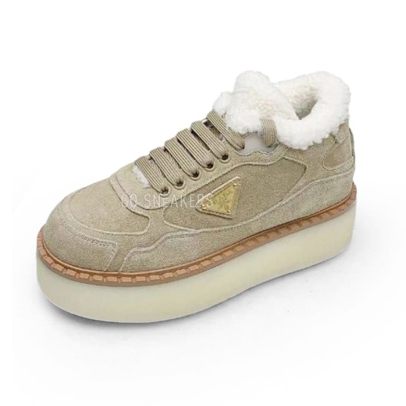 Женские зимние кроссовки на платформе Prada Platform Suede Winter Sand